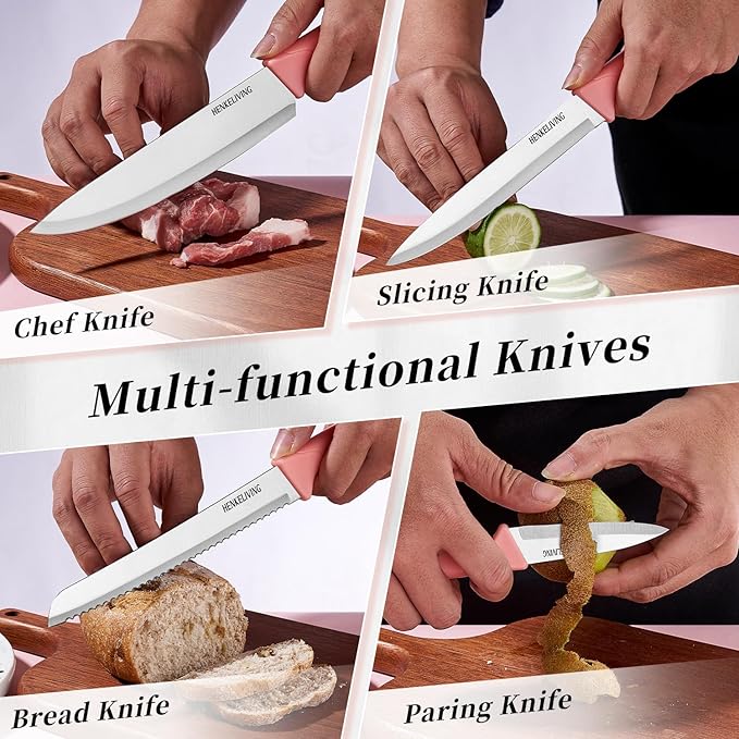 Knife Set, 14-Piece Kitchen Knives Set with Block, Built-in Sharpener, German High Carbon Stainless Steel, Ergonomic Non-Slip Handles, Peach Pink