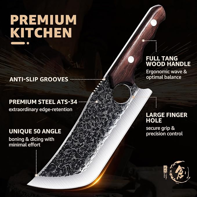 DRGSKL Hand Forged Meat Cleaver Knife Fathers Butcher Knives for Meat Cutting Full Tang Chef Knife with Belt Sheath and Gift Box High Carbon Steel for Kitchen or Camping, Gift for Dad