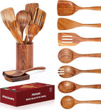 Mooues Wooden Spoons for Cooking, Wooden Utensils for Cooking Natural Teak Wooden Kitchen Utensils Set Comfort Grip(9 PCS Xmas Gift)