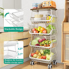 SAYZH Fruit Basket Kitchen Pantry Organizers and Storage - Wooden Top Table, Stackable Metal Wire Basket Stand Cart for Fruit Vegetable Snacks Onion Potato Organization (White, 5 Tiers)