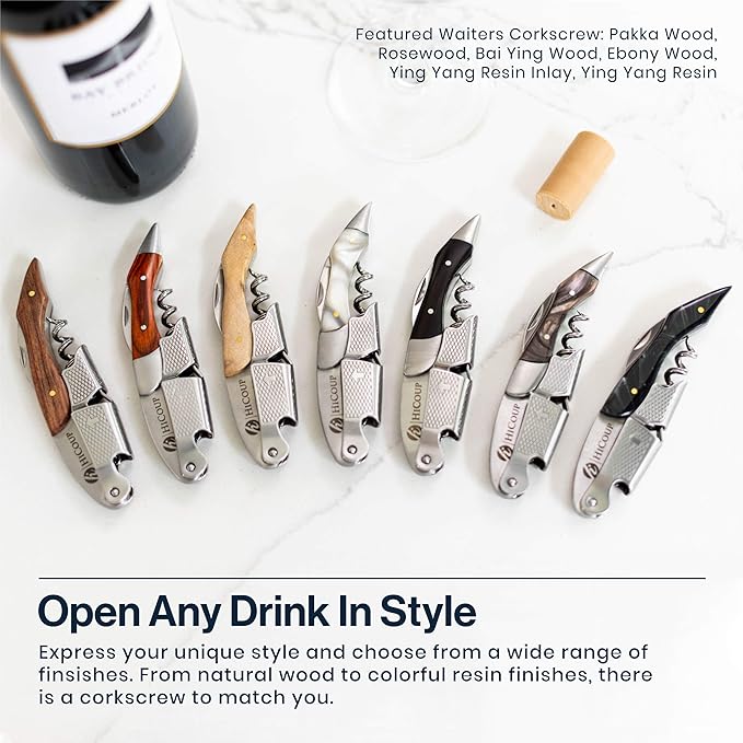 Hicoup Wine Opener - Professional Corkscrews for Wine Bottles w/Foil Cutter and Cap Remover - Manual Wine Key for Servers, Waiters, Bartenders and Home Use - Stainless Steel With Jade Resin Inlay