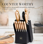 Black and Gold Knife Set for Kitchen with Block – 14-Piece Ultra-Sharp Stainless Steel Knives with Gold Handles and Built-In Sharpener – Stylish Kitchen Accessories for Cooking and Decor