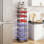GILLAS 8 Tier with Wooden Top Water Bottle Storage with Wooden Tabletop,Metal Beverage Can Rack,Large Capacity Bottled Rack Water Bottle Holder Stand for Cabinet,Countertop Kitchen,Party,Black