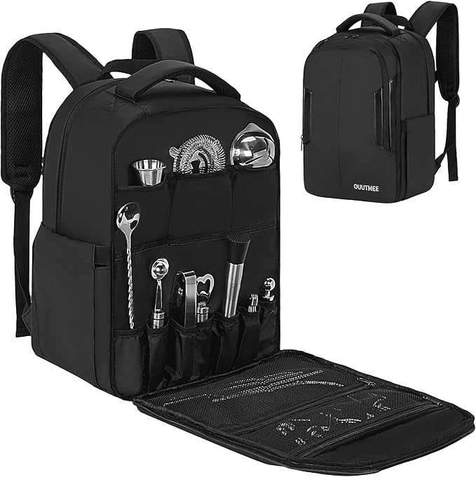 Bartender Bag, Bartender Kit Travel Backpack for Cocktail Shaker Set, Portable Carrying Bag with Compartments for Wine Bottles, for Travel Home Indoor Outdoor Party(Backpack Only)