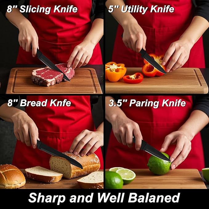 12-Piece Kitchen Knife Set, Stainless Steel Knives with Non-Stick Coating, Dishwasher Safe, Black Knife Set with Rose Gold Rivets 6 Blade Guards, Perfect for Home Chefs Cooking Enthusiasts