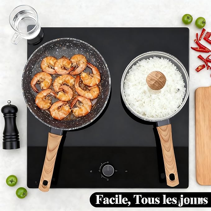 3-Piece Nonstick Cookware Set, 8.5 Inch Frying Pan & 2 Pots with Lids | PFAS & PFOA Free Non-Toxic Coating | Induction Compatible, Dishwasher Safe | Pots and Pans Set for Beginner Kitchen