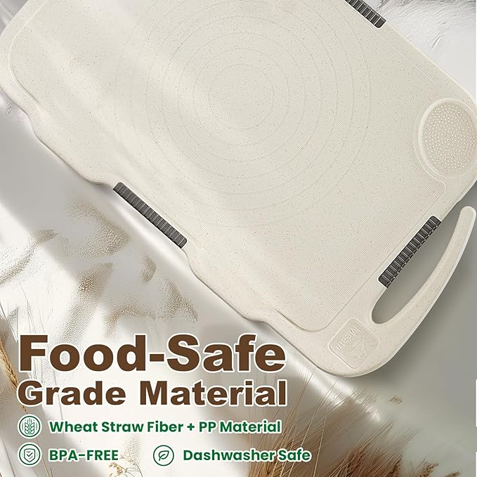 Glotoch Cutting Boards for Kitchen Set of 4, Wheat Straw Chopping Board Dishwasher Safe, BPA Free, Non Slip, 16"X10" Colored Reversible Cutting Board with Stand, Food Icons, Grinder Plate
