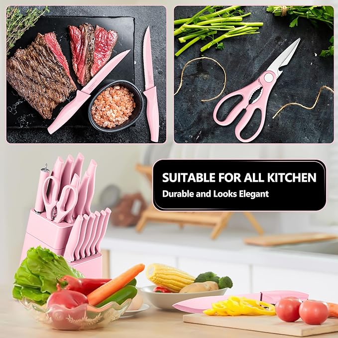 E-far Knife Set with Block, 15 Pieces Kitchen Knife Block Set with Sharpener, High Carbon Stainless Steel Sharp Chef Knife Set with Ergonomic Handles, Anti Rust, Pink