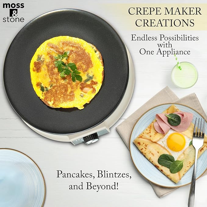 Moss & Stone 12” Electric Griddle Pan & Crepe Machine, Non-Stick Electric Crepe Maker with Adjustable Temperature, Includes Spreader & Spatula – Ideal for Pancakes, Blintzes & Tortillas