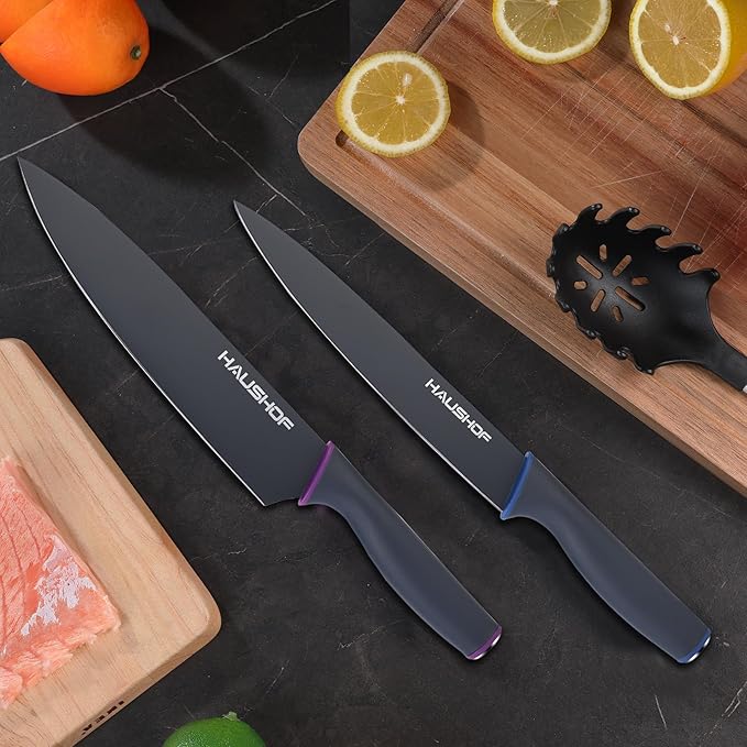 HAUSHOF Kitchen Knife Set, 12-Piece Knives Set with 6 colorful Sheaths, Non-Stick Coated Stainless Steel Blades for Slicing, Dicing&Cutting, Gifts Knife Set for Dad, Mom, Husband and Wife