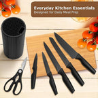 Small Knife Block Set, Modern Kitchen Knife Scissors with Universal Round Holder, Home Apartment New Kitchen Essentials, Space Saving, Dishwasher Safe(Black, 7PCS)