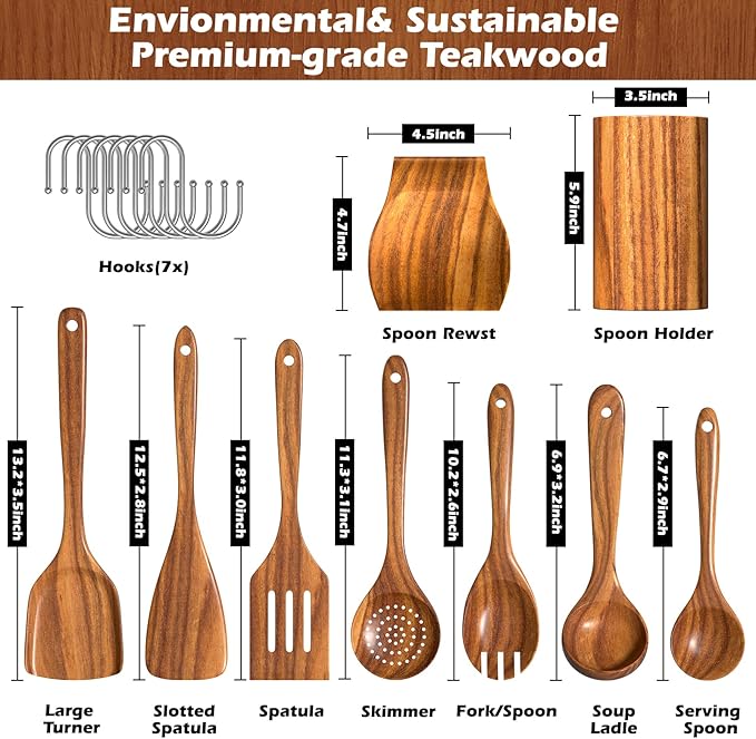 Natural Teak Kitchen Cooking Utensil Set with Holder, Wooden Spoons for Cooking, 10PCS Cooking Spatulas Set with Spoon Rest, Wooden Utensil Set for Nonstick Cookware Sturdy & Lightweight