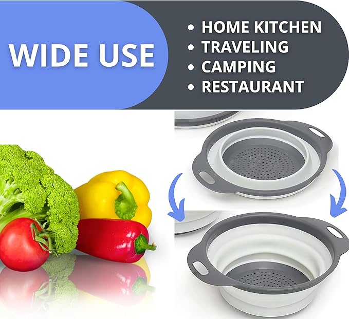 Round Silicone White Colander Collapsible – Foldable White Kitchen Strainer Small Collapsible Colander with Plastic Handles for Draining Vegetable and Fruit Silicone Kitchen Strainer for Pasta