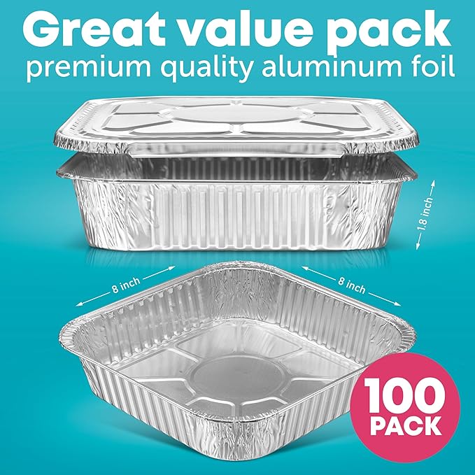 8x8 Disposable Aluminum Pans With Lids - 100 Pack Foil Pans For Cooking, Baking Cakes, Roasting & Homemade Breads - Disposable Food Containers With Foil Lids