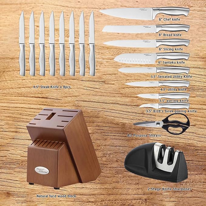 Marco Almond MA22 Knife Sets, 19 Pieces Stainless Steel Hollow Handle Kitchen Knives Block Set