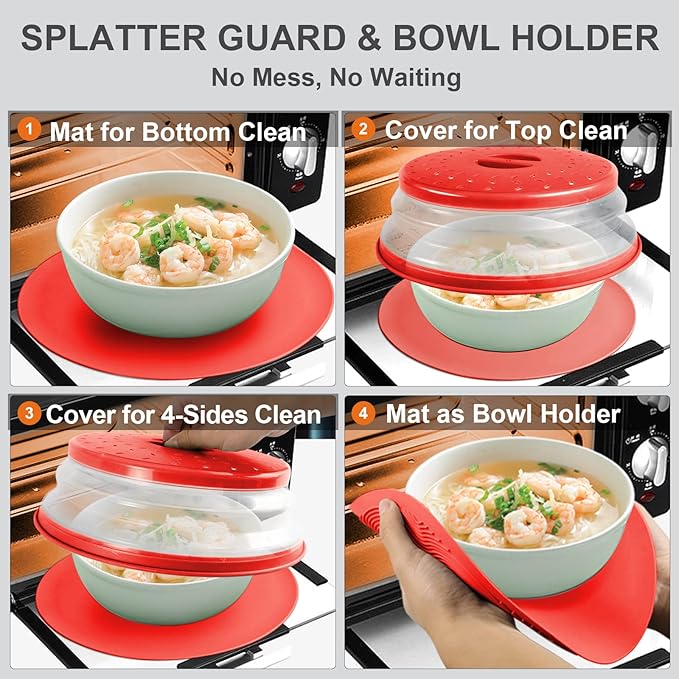 2 in 1, Aidacom Microwave Splatter Cover for Food & Silicone Microwave Mat, Mat as Bowl Holder, Trivet, Pot Holders, Drying, Baking, Utensils Rest for Kitchen Counter, Dishwasher Safe, Red