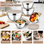 E-far Mixing Bowls With Lids Sets of 5, 10-Piece Stainless Steel Salad Metal Nesting Bowl for Baking Cooking and Prepping, Airtight Lid & Stackable Design, Size 4.6, 3, 2.1, 1.5, 0.7 QT, Khaki