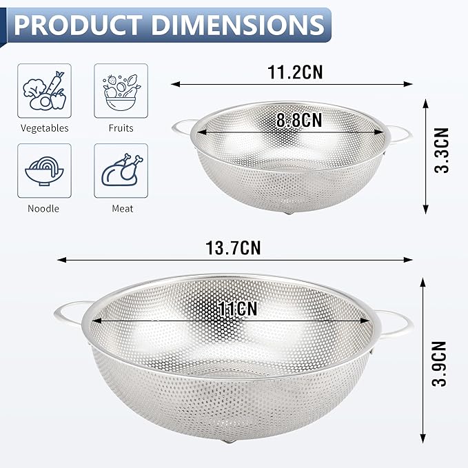 Gulex Stainless Steel Colander and Strainer Set(5-Quart and 3-Quart)，Metal Strainers with Base, Strainer for Kitchen Food, Dishwasher Safe