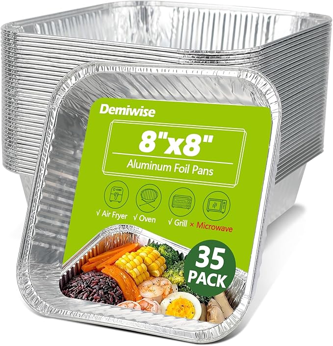 Thickened 35 Pack Heavy Duty Aluminum Pans, 8x8 Small Disposable Aluminum Baking Pans, Square Tin Foil Roasting Tray for Cooking, Meal Prep, Catering, Events, Carton Packaging