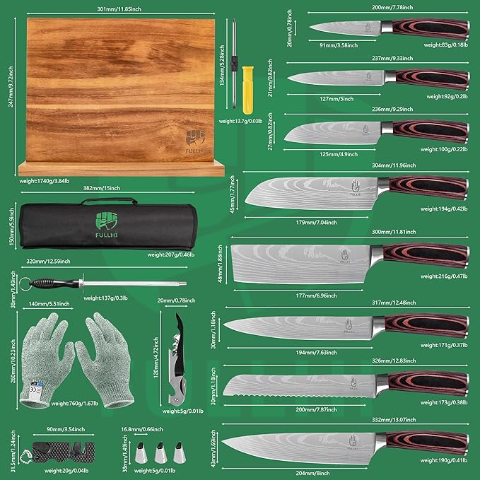FULLHI 15pcs Japanese Knife Set with Magnetic Knife Block Holder, Japan Stainless Steel Blades, Ergonomic Handles for Professional and Home Cooking（Coffee wood, Magnetic Block Knife Set)