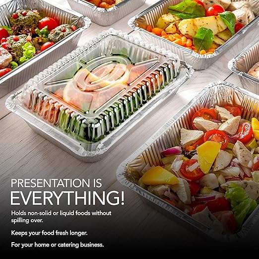 Stock Your Home 2 lb Small Aluminum Pans with Lids (50 Pack), Foil Pans with Clear Plastic Lids, Disposable Cookware & Takeout Trays for Restaurants & Catering