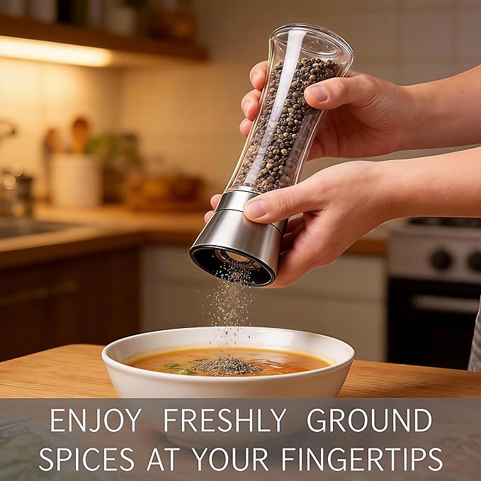 Gorgeous Salt & Pepper Grinder Set — Refillable Stainless Steel & Glass Spice Mill with Adjustable Coarseness — Perfect For Himalayan Or Sea Salts, Fresh Ground Pepper, Or Fresh Spices (1 Pack)