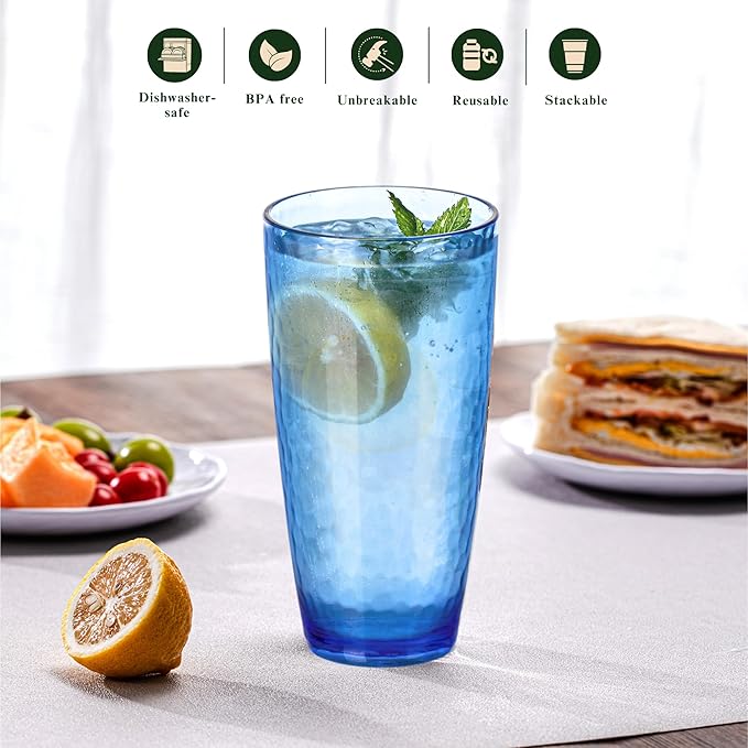 26oz Colorful Acrylic Glasses Drinkware (Set of 8), Hammered Design Shatter-Proof Plastic Cups, Reusable Plastic Drinking Tumblers, Stackable, BPA-Free, Dishwasher-Safe…
