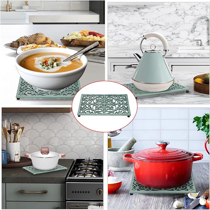 Sumnacon 9.6 x 6.3 Inch Cast Iron Trivet, 2 Pack Metal Trivets with Rubber Feets,Iron Trivet for Hot Dish Pot Pan Plate Teapot,Heat Resistant Trivets Cast Iron for Kitchen Cooktop Dining Table, Green