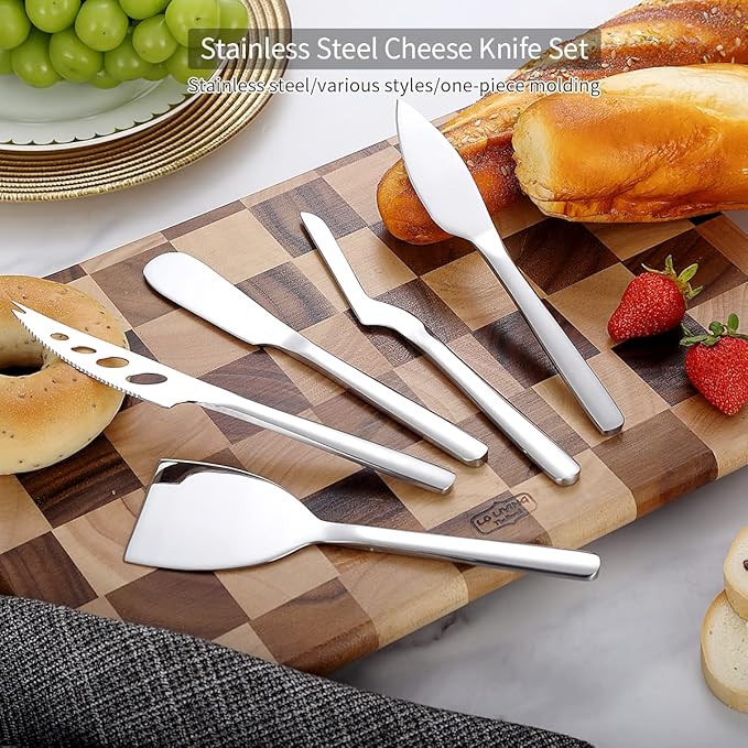 Berglander Cheese Knife Set of 5 for All Types of Cheese, Stainless Steel Cheese Cutter Slicer Ergonomic Design for Confortable Grip and Cut, Butter Spreader Knife