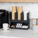 Mind Reader Cup and Condiment Station, Countertop Coffee Bar Organizer with 6 Compartments, Storage Caddy for Cups Lids and Packets, Plastic, Black
