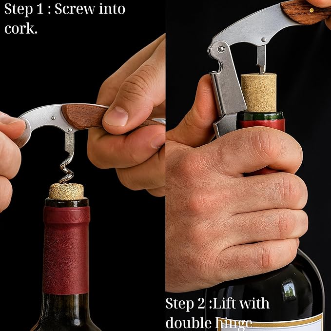 Professional Waiter’s Corkscrew – Double-Hinged Wine Opener with Wooden Handle & Leather Case, Durable Stainless Steel Wine Key for Bar, Restaurant & Home