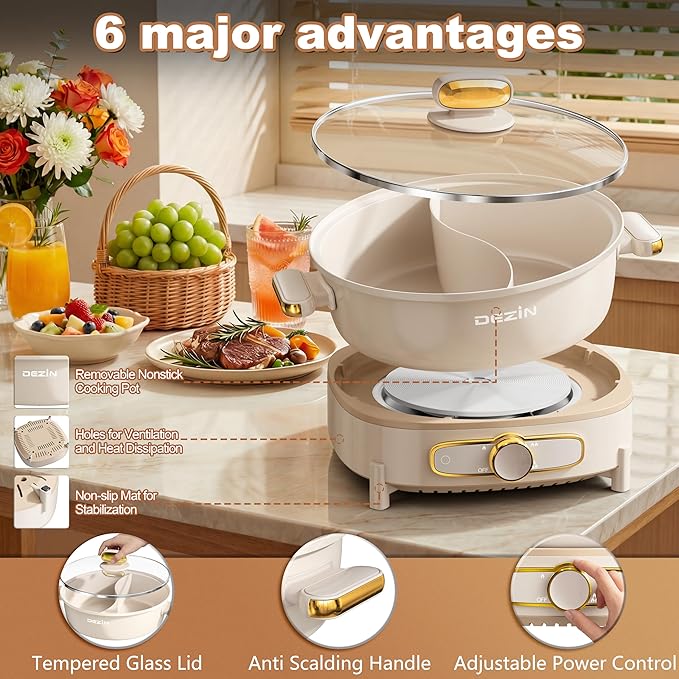 Dezin Hot Pot Electric with Divider, 6L Double-Flavor Shabu Shabu Pot, Dual Sided Removable Non-Stick Hotpot Pot Electric, 3" Depth Chinese Hot Pot with Multi-Power Control, 2 Silicone Ladles Included