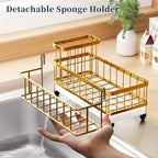 Consuemst Sponge Holder for Kitchen Sink - Auto Draining Sink Caddy Organizer with Detachable Rack, High Brush Holder, Kitchen Countertop Storage Accessories, Gold