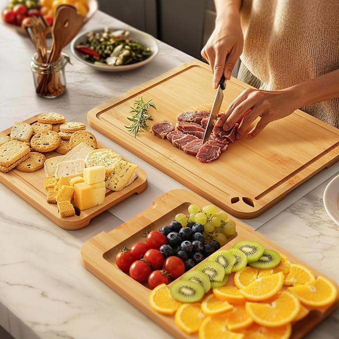 Bamboo Cutting Boards for Kitchen with Holder & Silicone Mat, Lightweight & Knife-Friendly Wood Cutting Board Set with Side Handles and Juice Grooves, Natural