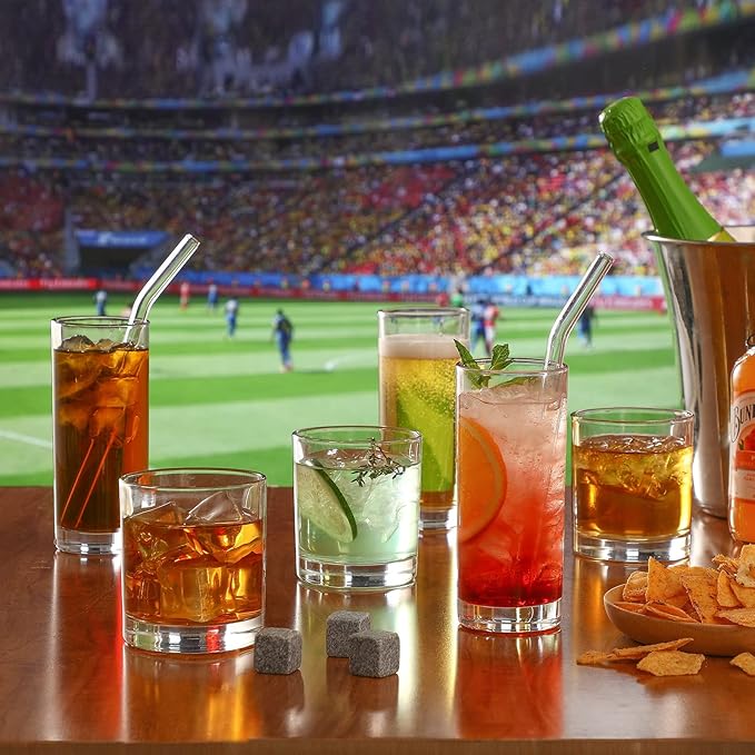 [ 12 Pack ] Glass Cups with Glass Straws, 12oz Highball & Rock Drinking Glasses, Everyday Drinkware Glasses Set, Cute Tumbler Cup, Kitchen Glasses for Iced Coffee, Water, Beer, Cocktail, Whiskey Gift.