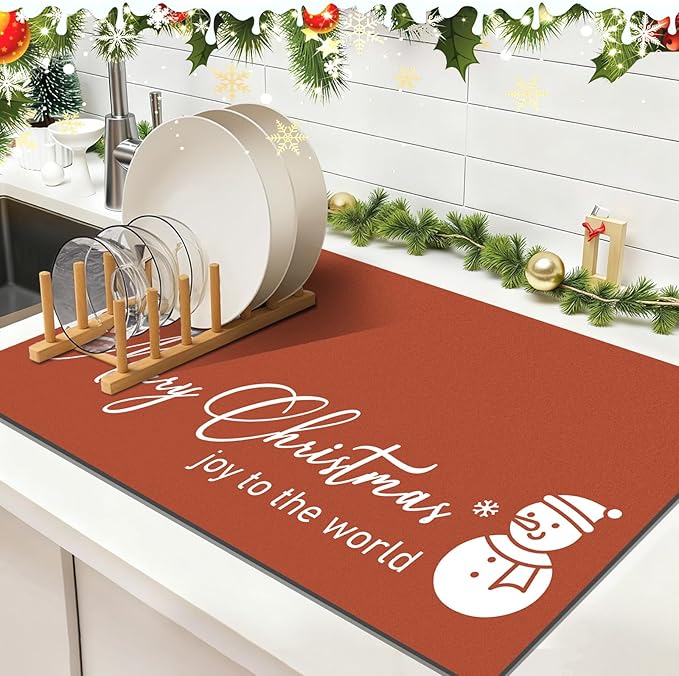 Findosom Christmas Dish Drying Mat, 12" x 20" Super Absorbent & Cuttable Dish Mat with Hello Sunshine Pattern, Hide Stain Drying Mat for Kitchen Counter Coffee Maker Dining Room Decoration, Red