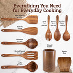 PriorityChef Wooden Spoons for Cooking, Premium 8pc Teak Wood Utensil Set with Hanging Hooks, Utensil Holder and Spoon Rest