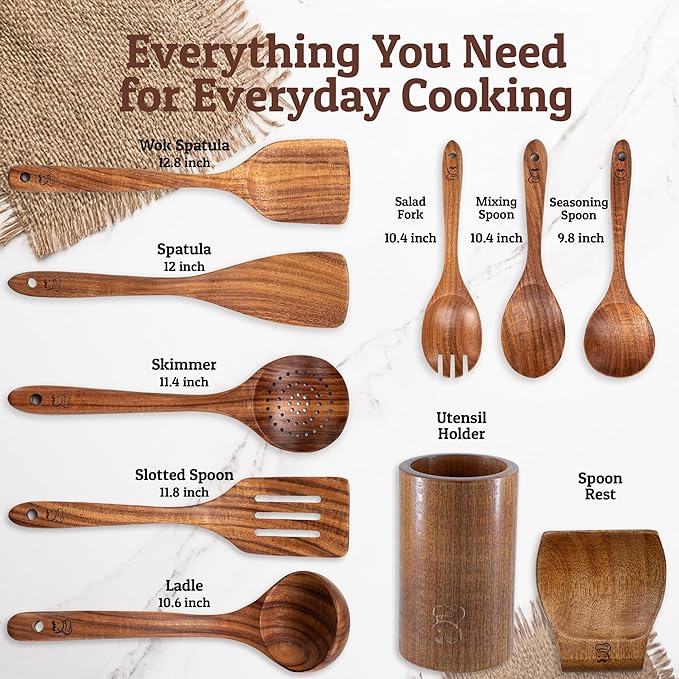PriorityChef Wooden Spoons for Cooking, Premium 8pc Teak Wood Utensil Set with Hanging Hooks, Utensil Holder and Spoon Rest