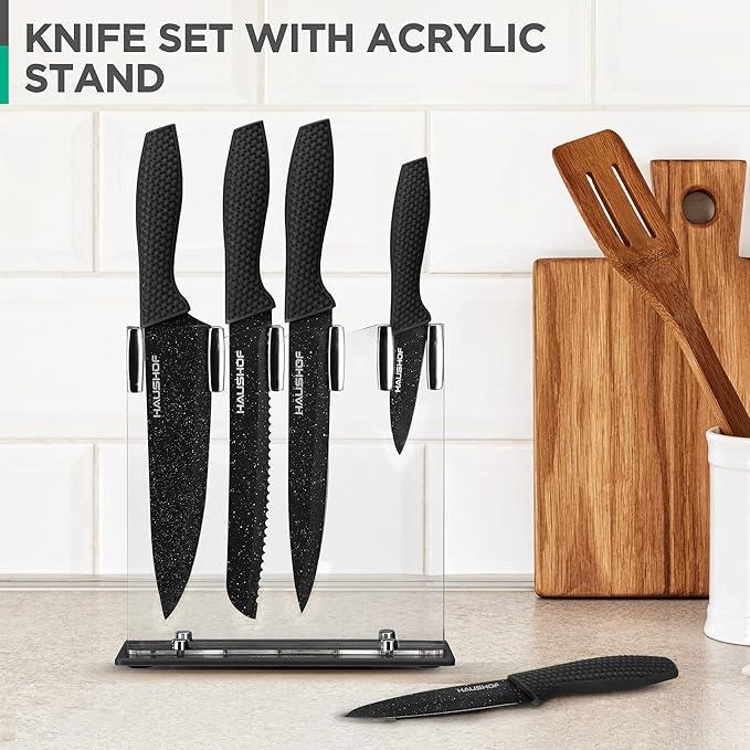 HAUSHOF Kitchen Knife Set, 5 PCS Knife Sets with Arcylic Block, Teflon Coated Black Knives Set for Kitchen, Premium Stainless Steel Knives Set with Ergonomic Handle, Great for Slicing, Dicing&Cutting