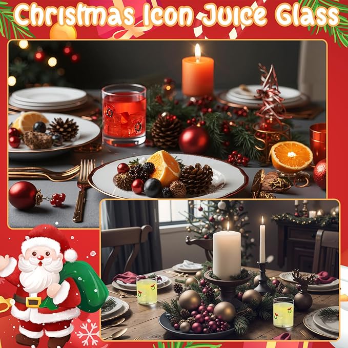 Skylety 2 Pcs Christmas Icon Juice Glasses Xmas Drinking Cups Old Fashioned Stemless Wine Glasses 13.5 oz Whiskey Cocktail Coffee Mugs for Christmas Party Gift Decor