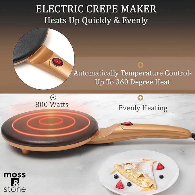 Moss & Stone Gold Electric Crepe Maker 8 Inch, Portable Crepe Maker & Hot Plate Cooktop On/Off Switch, Nonstick Coating, Automatic Temperature Control, Easy To Use For Pancakes, Blintz