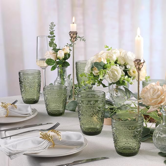 abrwyy 6Pcs 14OZ Drinking Glasses, Green Drinking Glasses, Colored Glassware Drinking, Highball Beverage Glasses Cup, Vintage Glassware Set for Water, Juice, Cocktail, Coffee