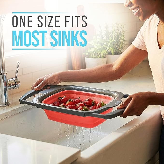 Comfify XL Large Kitchen Strainer - Collapsible Silicone Over-The-Sink Colander with Extendable Handles - Use with Pasta, Fruit, Berries & Veggie - 6 Quart - Coral