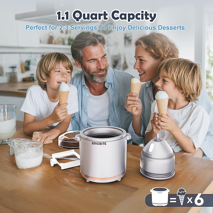 BRIOBITE 1.1 Quart Ice Cream Maker – Electric Ice Cream Machine for Gelato, Milkshakes & Sorbet,Perfect for 2-3 Servings, Easy to Use & Clean,Silver