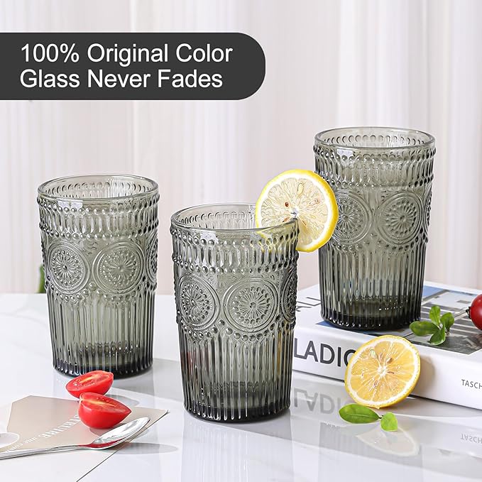 ZMOWIPDL Vintage Glassware Drinking Glasses Set of 6,13 oz Grey Textured Flower Design Glass Water Tumblers，Embossed Striped Drinkware for Water,Cocktails,Juice,Iced Coffee