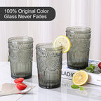 ZMOWIPDL Vintage Glassware Drinking Glasses Set of 6,13 oz Grey Textured Flower Design Glass Water Tumblers，Embossed Striped Drinkware for Water,Cocktails,Juice,Iced Coffee