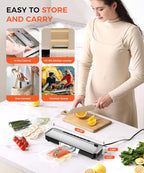 Vacuum Sealer Machine 75KPa Food with 6-in-1 Dry/Moist Modes & Digital Timer, Compact Lightweight Design, Built-in Cutter + 10 Bags (Black Silver)
