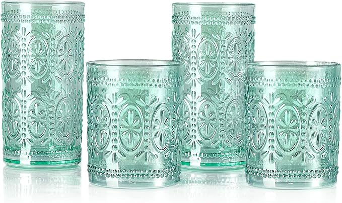 Green Glassware Set of 4, Vintage Drinking Glasses, Colored Glassware Drinking, Highball Embossed Beverage Glasses Cup for Party Wedding Home Office and Gift (2pcs12oz+2pcs10oz）