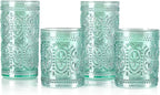 Green Glassware Set of 4, Vintage Drinking Glasses, Colored Glassware Drinking, Highball Embossed Beverage Glasses Cup for Party Wedding Home Office and Gift (2pcs12oz+2pcs10oz）