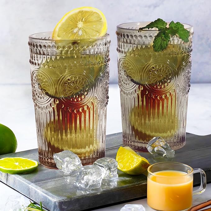 Loivttvv 6pcs Vintage Drinking Glasses Set, 12 oz Tawny Highball Glasses, Embossed Ribbed Glassware Cups for Cocktail, Water, Juice, Coffee, Whiskey